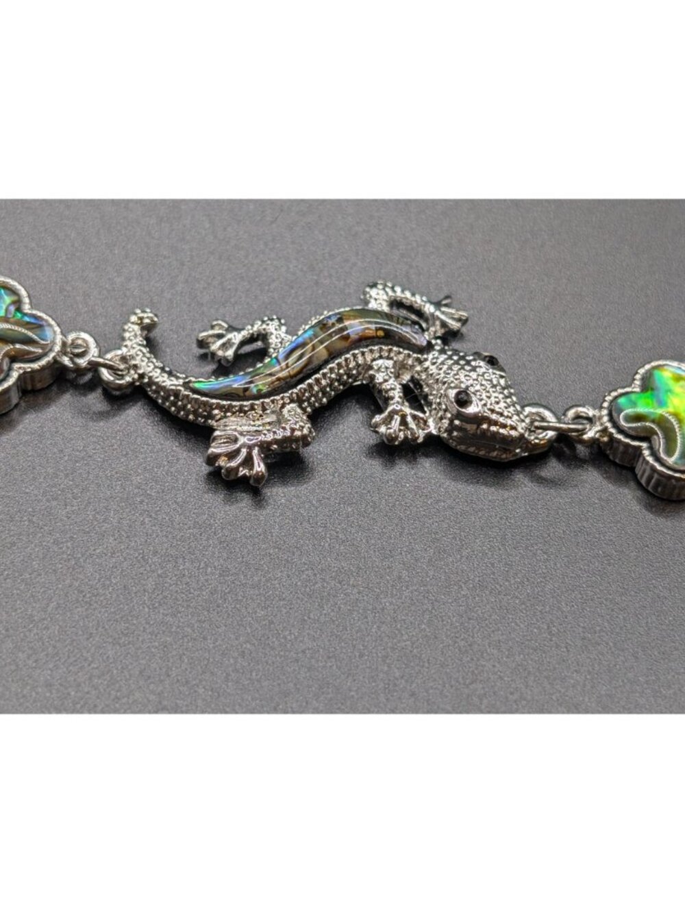 Silver-tone Chain Link Bracelet with Abalone Shell Figural Gecko/Lizard